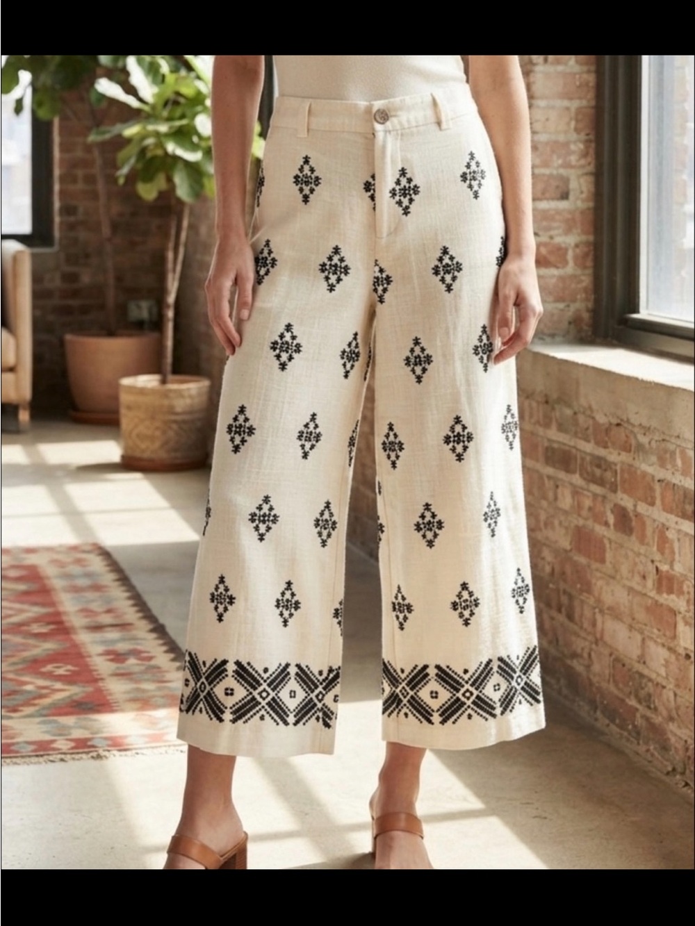 Haute Hippie Cream Wide-Leg Embroidered Pants with Black Motif
